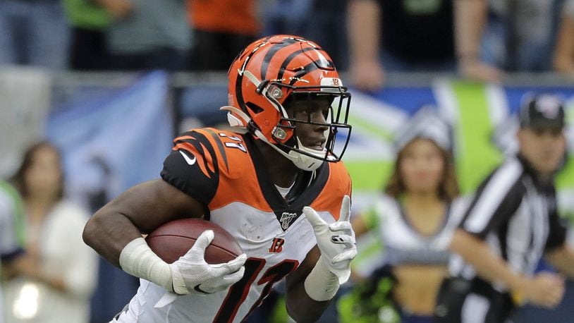 Cincinnati Bengals wide receiver John Ross runs against the Seattle Seahawks during the first half of an NFL football game, Sunday, Sept. 8, 2019, in Seattle. (AP Photo/John Froschauer)