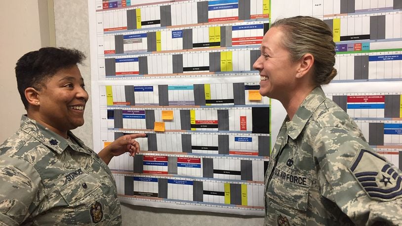 Lt. Col. Michelle Stringer (left) deputy chief of Inspections Branch A, Inspector General, Air Force Materiel Command, Wright-Patterson Air Force Base, discusses her office’s inspection schedule with Master Sgt. Roxanne Viney, Command Air Transportation Inspector, Group A, Feb. 13. (Skywrighter photo/Amy Rollins)