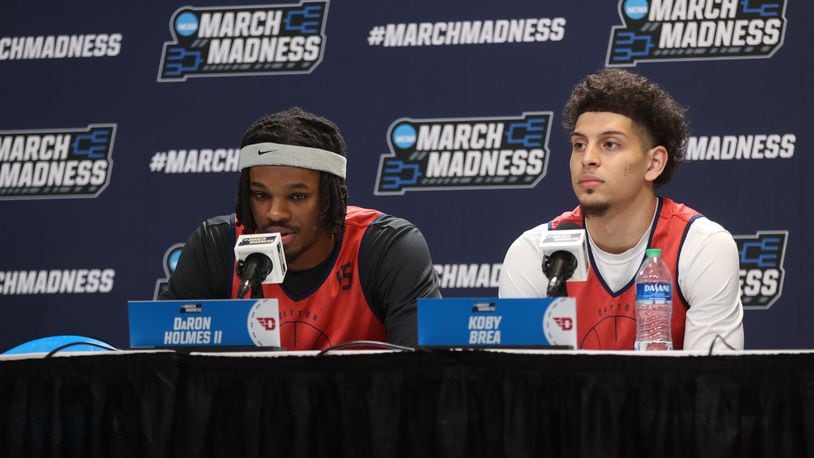 Dayton's DaRon Holmes and Koby Brea appear at a press conference on Friday, March 22, 2024, at the Delta Center in Salt Lake City, Utah. David Jablonski/Staff