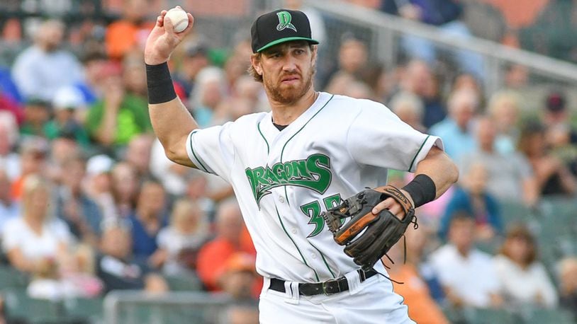 Dragons third baseman Taylor Sparks throws to first during the second inning of a Midwest League game against Lansing on Monday at Fifth Third Field. Contributed Photo by Bryant Billing