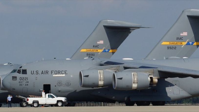 C-17s cargo jets on the flight line at Wright-Patterson Air Force Base. FILE PHOTO