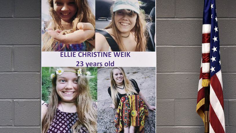 West Chester Police held a press conference regarding the death of Ellen Weik and the arrest of Michael Strouse Tuesday, Aug. 28 at the police department in West Chester Township. This poster with photos of Weik was on display on the wall during the press conference. NICK GRAHAM/STAFF
