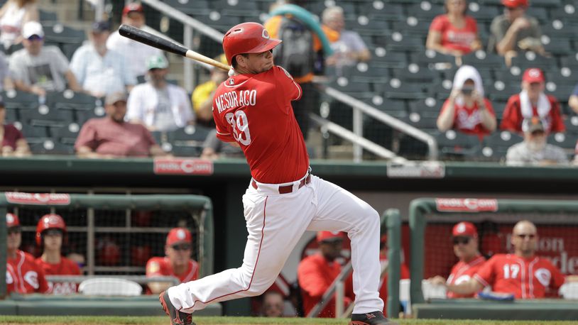 Cincinnati Reds’ Devin Mesoraco hits during a spring training baseball game against the San Diego Padres, Wednesday, March 15, 2017, in Goodyear, Ariz. (AP Photo/Darron Cummings)