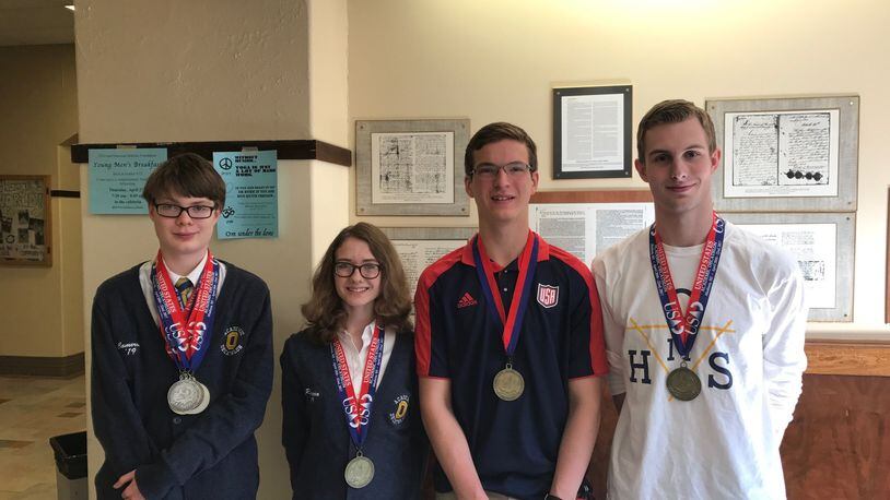 Members of Oakwood High School’s Academic Decathlon National Championship team. (From left to right) Cameron Hendrix, Rebecca Gentry, Sam Carryer, Connor Hart. TREMAYNE HOGUE / STAFF