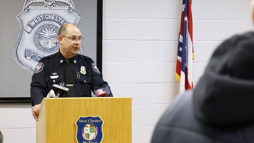 In this March photo, West Chester Police Department Assistant Chief Brian Rebholz speakers to media about an Amber Alert issued to locate Maoly Hererra Toscano, a 17-year-old, and her daughter, Sara Herrera, who is 1 year old. NICK GRAHAM/STAFF