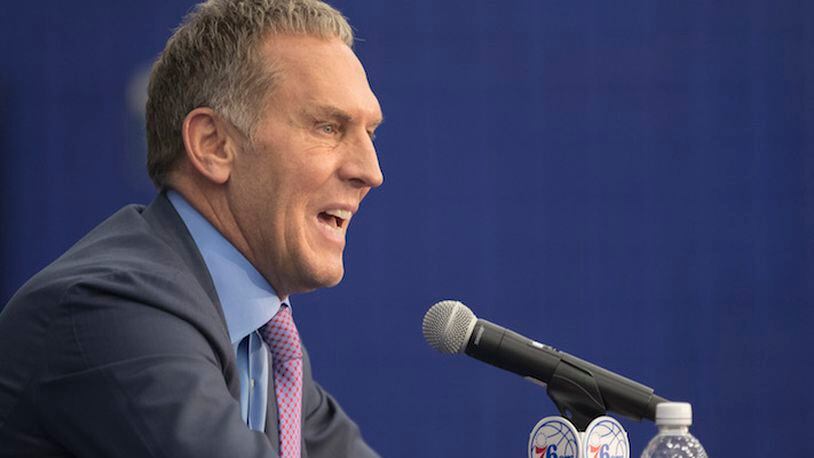 Philadelphia 76ers general manager Bryan Colangelo talks about the Sixers' first-round draft choice, Markelle Fultz, on June 22, 2017, in Philadelphia. (Charles Fox/Philadelphia Inquirer/TNS)
