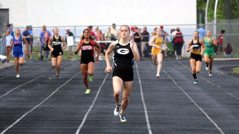 Greenon sophomore Delaney Benedict, setting a Division II district and school record in the 400-meter dash at Graham High School in 55.69 seconds, enters the state meet as a favorite to win the 400 state title. Greg Billing/CONTRIBUTED