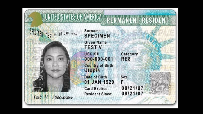 An example of a United States Permanent Resident Card, commonly known as a "green card."