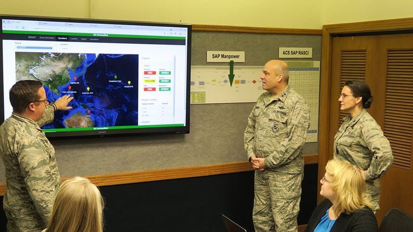 (From left to right) Maj. Nick Kirsch, Maj. Gen. Michael Brewer and Col. Francesca Bartholomew of Air Force Materiel Command review the analysis from an Integrated Sustainment Wargaming Analysis Toolkit (ISWAT) scenario. The new ISWAT technology, developed by an Ohio company with support from the Air Force Small Business Innovation Research/Small Business Technology Transfer Program, provides a more realistic impact of logistics in long-term conflicts. (U.S. Air Force photo)