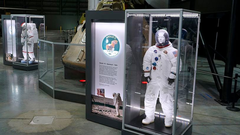 Model A7L Space Suit reproduction on display in the Space Gallery at the National Museum of the U.S. Air Force. U.S. AIR FORCE PHOTO/KEN LAROCK