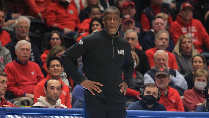 Dayton's Anthony Grant coaches during a game against Fordham on Tuesday, Jan. 25, 2022, at UD Arena. David Jablonski/Staff