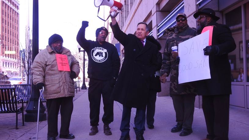 Ohio Democratic gubernatorial hopeful Dennis Kucinich rallied with protesters outside Premier Health headquarters in downtown Dayton Tuesday against the announced closure of Good Samaritan Hospital in Dayton. BRAD LEE/STAFF