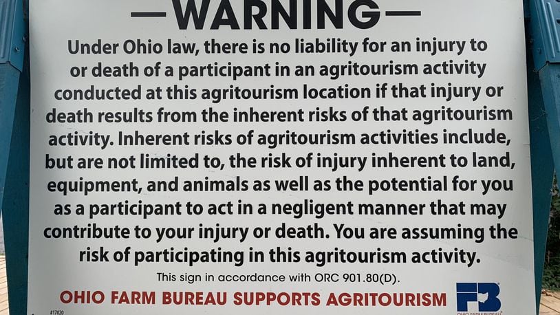 This Ohio Farm Bureau sign includes language about the liability risk assumed by those who visit agritourism farms. Stoney Hill Bed and Breakfast has a similar sign on its property at 7757 Upper Miamisburg Road in Miami Twp. CONTRIBUTED.