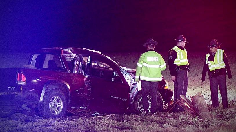 A 69-year-old man was killed Monday, March 20, 2023, after his pickup truck crashed into a pole on St. Paris Pike south of Baker Road in Moorefield Twp. MARSHALL GORBY \STAFF
