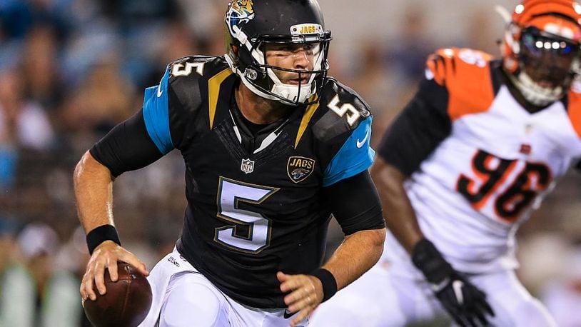 JACKSONVILLE, FL - AUGUST 28: Blake Bortles #5 of the Jacksonville Jaguars scrambles out of the pocket during the first quarter of the preseason game against the Cincinnati Bengals at EverBank Field on August 28, 2016 in Jacksonville, Florida. (Photo by Rob Foldy/Getty Images)