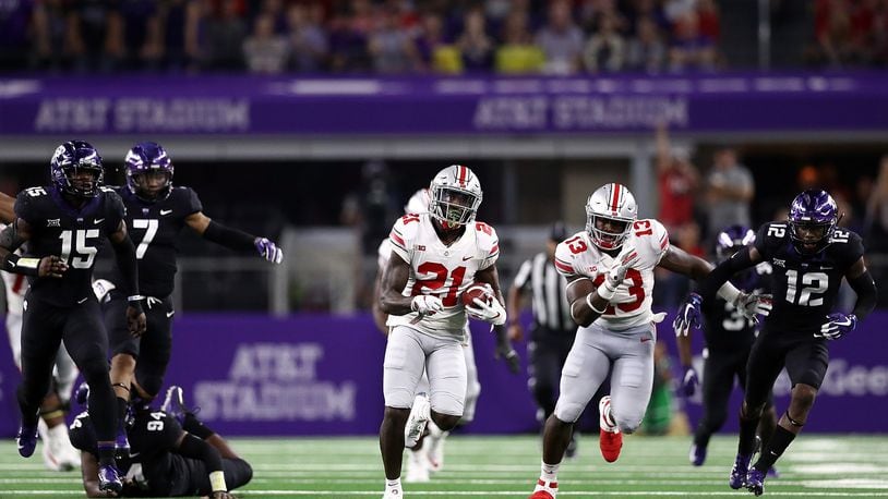 Ohio State’s Parris Campbell runs for a touchdown against the TCU Horned Frogs in the third quarter during The AdvoCare Showdown at AT&T Stadium on September 15, 2018 in Arlington, Texas. (Photo by Ronald Martinez/Getty Images)