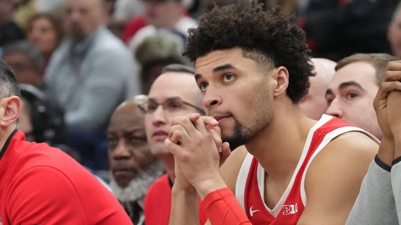 Ohio State's Tanner Holden watches late during the second half of an NCAA semifinal basketball game against Purdue at the Big Ten men's tournament, Saturday, March 11, 2023, in Chicago. (AP Photo/Erin Hooley)