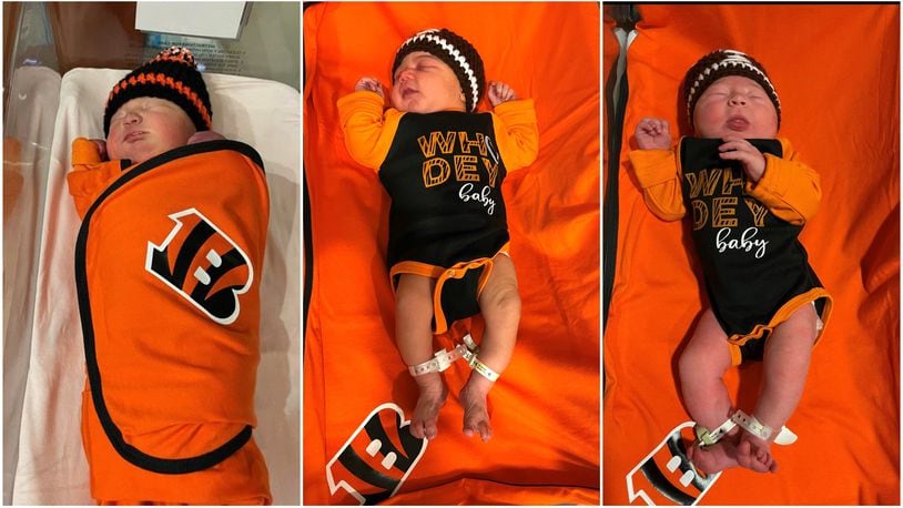 A laborer and delivery nurse at Miami Valley Hospital South (MVHS) made personalized baby clothes in honor of the Cincinnati Bengals for newborns. Credit: Miami Valley Hospital South (MVHS)