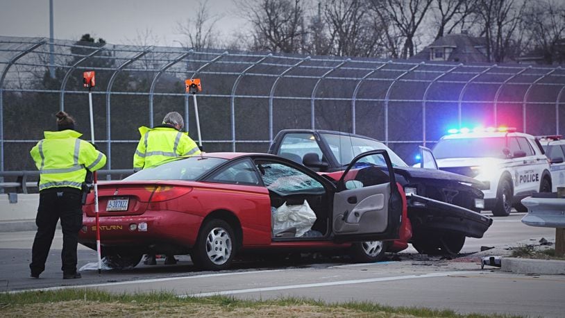 Two people were injured in a two-vehicle crash on South Smithville Road near U.S. 35 Friday, Jan. 8, 2021. STAFF/MARSHALL GORBY