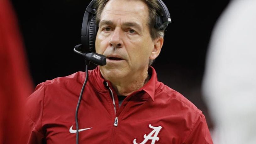 NEW ORLEANS, LA - JANUARY 01:  Head coach Nick Saban of the Alabama Crimson Tide reacts in the second half of the AllState Sugar Bowl against the Clemson Tigers at the Mercedes-Benz Superdome on January 1, 2018 in New Orleans, Louisiana.  (Photo by Jamie Squire/Getty Images)