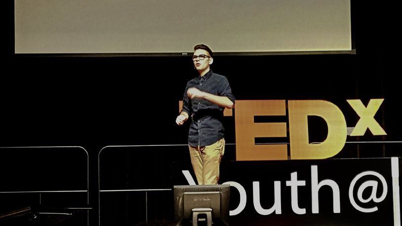 Chaminade Julienne junior Brennan Harlow, shown presenting at a TEDXYouth event in March; On Friday, Oct. 20, he’ll be presenting his talk at TEDxDayton. CONTRIBUTED