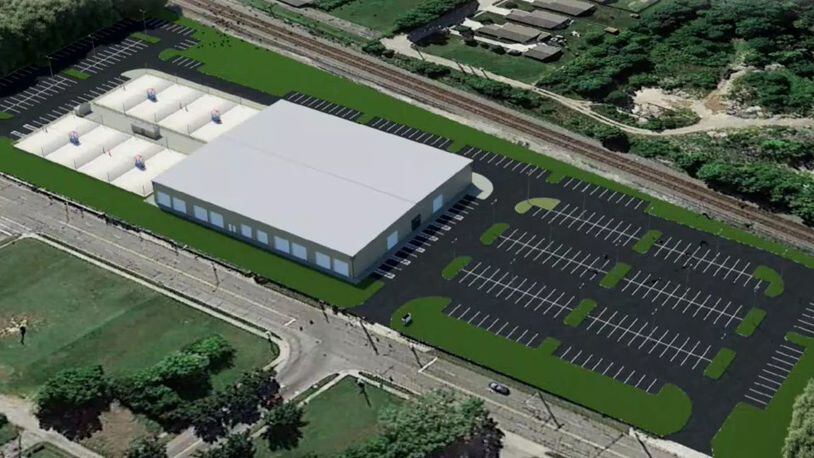 This aerial illustration shows the how the West Carrollton facility by Spikeit LLC will be laid out. Outdoor volleyball courts would be on the eastern side of the 7 acres it is proposing to buy at 200 W. Central Ave. The indoor courts would be in the center of the land and the majority of 350 parking spaces would be on the west side of property. CONTRIBUTED