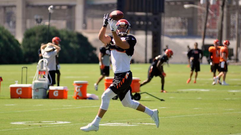 Cincinnati Bengals tight end Tyler Eifert hauls in a pass Sept. 21 while participating in his first practice since suffering an ankle injury in the Pro Bowl in January.