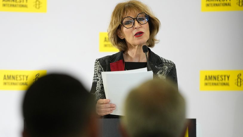 EMBARGOED UNTIL 00.01 UTC APRIL 24,2024 Agnes Callamard, Secretary General of Amnesty International, speaks at a press conference in London, ahead of the launch of 'The State of the World's Human Rights', its annual report on the global human rights situation, Tuesday, April 23, 2024. The report will be published on Wednesday April 24, covering 155 countries and including regional and global analyses, it provides the most comprehensive overview of human rights trends and developments in the world today. (AP Photo/Kirsty Wigglesworth)