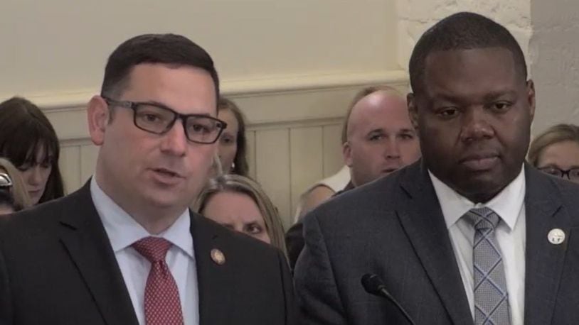 Ohio Rep. Haraz Ghanbari, R-Perrysburg, and Ohio Rep. Elgin Rogers Jr., D-Toledo answer questions from Ohio House Health Provider Services Committee members about HB 285, which would require hospitals to establish registered nurse staffing plans. COURTESY OF THE OHIO CHANNEL