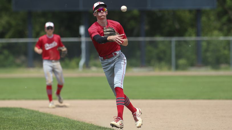 Tippecanoe High School sophomore second baseman Max Dunaway throws the ball to first base during their game against Kenton Ridge on Tuesday, May 25 at Carleton Davidson Stadium in Springfield. The Red Devils won 2-0. Michael Cooper/CONTRIBUTED