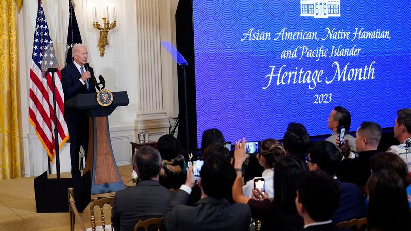 FILE - President Joe Biden speaks before a screening of the series "American Born Chinese" in the East Room of the White House in Washington, in celebration of Asian American, Native Hawaiian, and Pacific Islander Heritage Month, May 8, 2023. It has been almost 50 years since the U.S. government established that Asian Americans, Native Hawaiians and Pacific Islanders and their accomplishments should be recognized annually across the nation. (AP Photo/Susan Walsh, File)