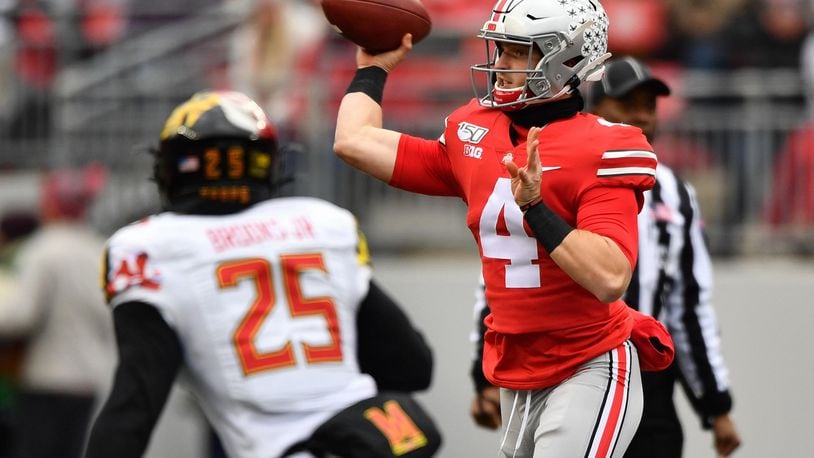 COLUMBUS, OH - NOVEMBER 9: Quarterback Chris Chuguvov #4 of the Ohio State Buckeyes passes in the third quarter against the Maryland Terrapins at Ohio Stadium on November 9, 2019 in Columbus, Ohio. Ohio State defeated Maryland 73-14. (Photo by Jamie Sabau/Getty Images)