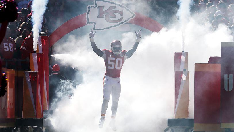 KANSAS CITY, MISSOURI - OCTOBER 13: Darron Lee #50 of the Kansas City Chiefs is introduced before the game against the Houston Texans at Arrowhead Stadium on October 13, 2019 in Kansas City, Missouri. (Photo by Jamie Squire/Getty Images)