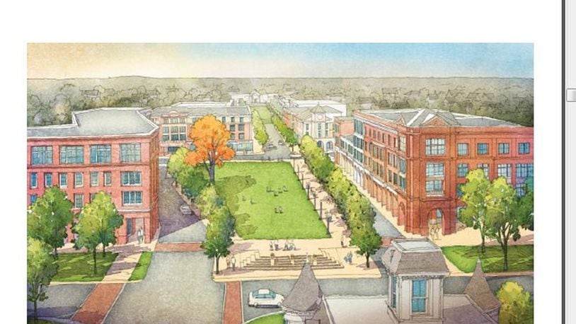 Union Village would straddle Ohio 741. This rendering shows the first section to be built, across from Marble Hall, the oldest building on the Otterbein retirement campus.