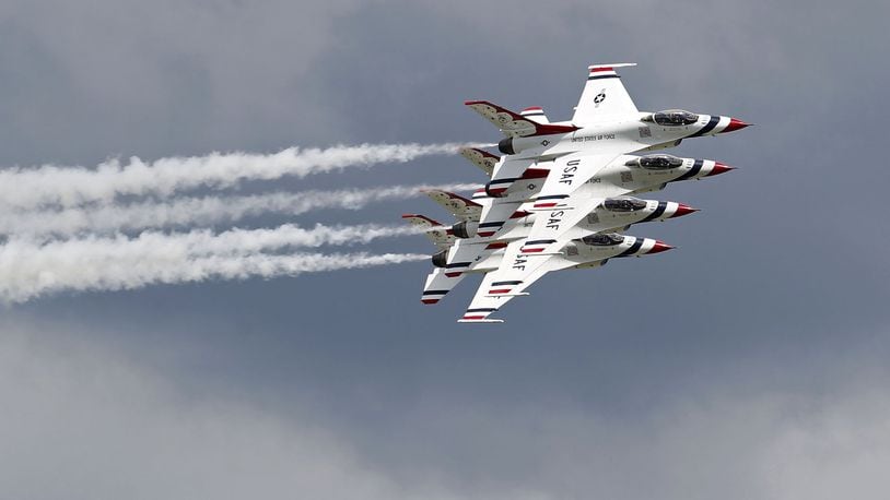 The U.S. Air Force Thunderbirds arrived at the Dayton International Airport in June, but canceled appearances at the Vectren Dayton Air Show after a team jet mishap injured a pilot. TY GREENLEES / STAFF
