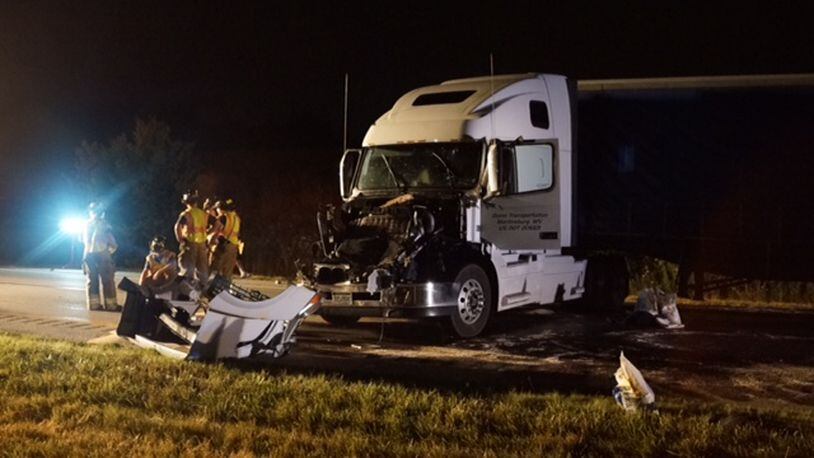 A jacknifed semi on I-70 WB at Ohio 503 has closed the highway. (Jordyn Huffman/Staff)