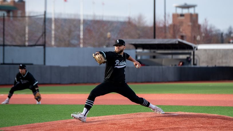 Wright State's Alex Theis fires a pitch plateward during the Raiders' 3-0 win over Ohio State last week in Columbus. Wright State Athletics photo