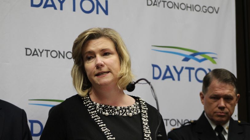 Dayton Mayor Nan Whaley discusses the city’s lawsuit against drug companies, distributors. CORNELIUS FROLIK / STAFF