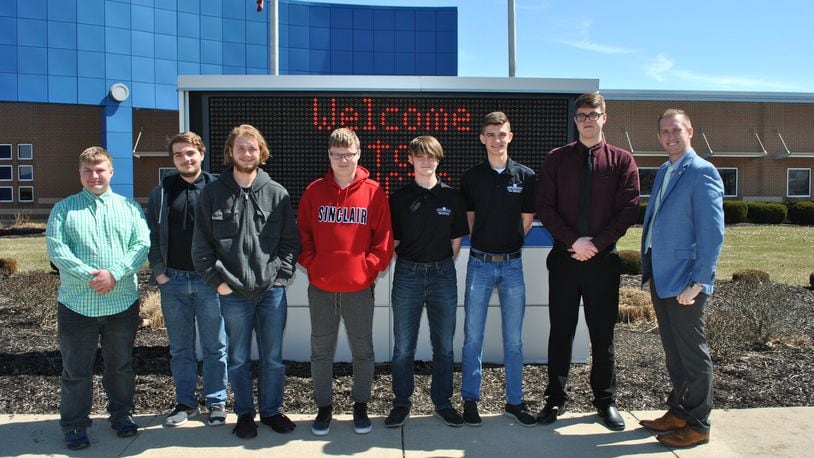 MVCTC students were selected as the top two in the country in the NASA Hunch Programming Project. Pictured left to right: Nick Brown, Adam Cantrell, Logan Bowers, Cylas Whiting, , Peyton Chapman, Cameron Snyder, Jacob Sager, and Kenneth Henning, Southwest Ohio Regional Liaison for Ohio Secretary of State Frank Larose.