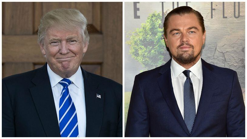 Leonardo DiCaprio (left) and Terry Tamminen, CEO of the Leonardo DiCaprio Foundation (not pictured), met with President-elect Donald Trump (right) to Dec. 7 discuss how jobs tied to environmentalism can help the economy. (Photo by Mike Windle/Getty Images,  Drew Angerer/Getty Images)