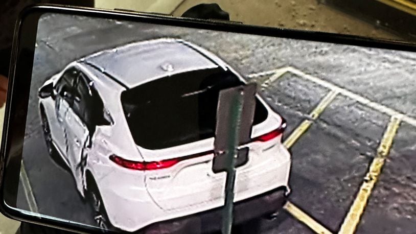 This late model white Toyota Venza was captured on surveillance camera outside the Springboro Pharmacy following a break-in early Thursday morning. Springboro police believe this vehicle is part of other pharmacy break-ins Thursday in Springfield and in Beavercreek. CONTRIBUTED/SPRINGBORO POLICE