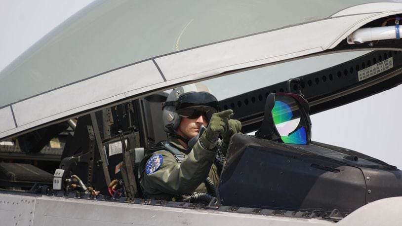 F-22 Raptor demostration pilot Maj. Paul “Max” Moga prepared for flight before he took to the sky at the 2008 Vectren Dayton Air Show. TY GREENLEES / STAFF FILE PHOTO