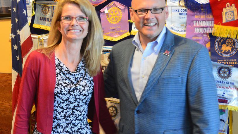 Renata and Greg Crawford recently paid a visit to the Oxford Rotary Club to talk about his first year as president of Miami University, while she spoke about the relationship between the city and the university. CONTRIBUTED/BOB RATTERMAN