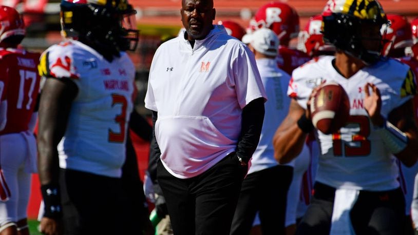 PISCATAWAY, NJ - OCTOBER 05: Head coach Mike Locksley of the Maryland Terrapins looks on during warms up before the game against the Rutgers Scarlet Knights SHI Stadium on October 5, 2019 in Piscataway, New Jersey. (Photo by Corey Perrine/Getty Images)