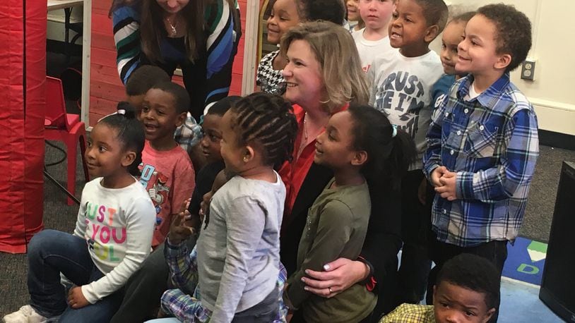 Dayton Mayor Nan Whaley meets students from the Miami Valley Family Care Center preschool at the Dayton VA Center last year. JEREMY P. KELLEY / STAFF