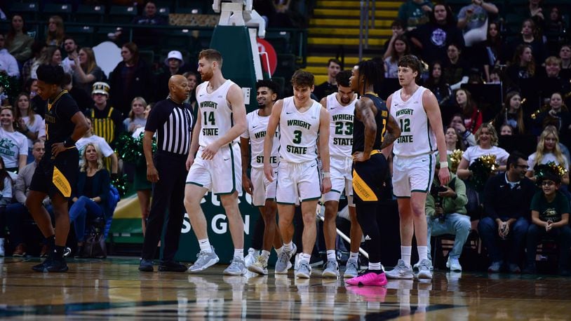 Wright State players (from left) Brandon Noel, Trey Calvin, Alex Huibregtse, Tanner Holden and AJ Braun during a game vs. Milwaukee at the Nutter Center on Jan. 20, 2024. Joe Craven/Wright State Athletics