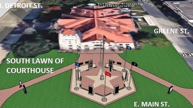 A rendering of the Greene County Veterans Memorial, a hexagonal plaza around the flagpole, located on the south side of the courthouse between North Detroit Street and Greene Street.