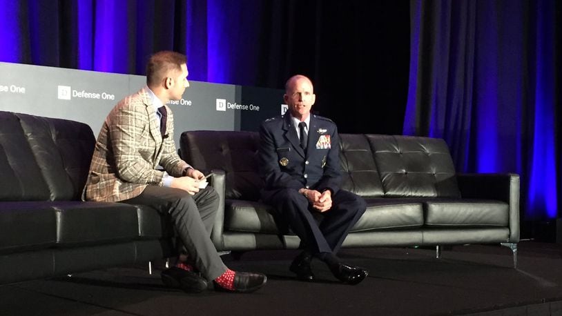Defense One reporter Marcus Weisgerber speaks with Air Force Vice Chief of Staff Gen. Stephen W. Wilson at the Defense One Summit in Washington, Nov. 9, 2017. Wilson stressed the need for speed to counter global threats. (DoD photo by Jim Garamone)