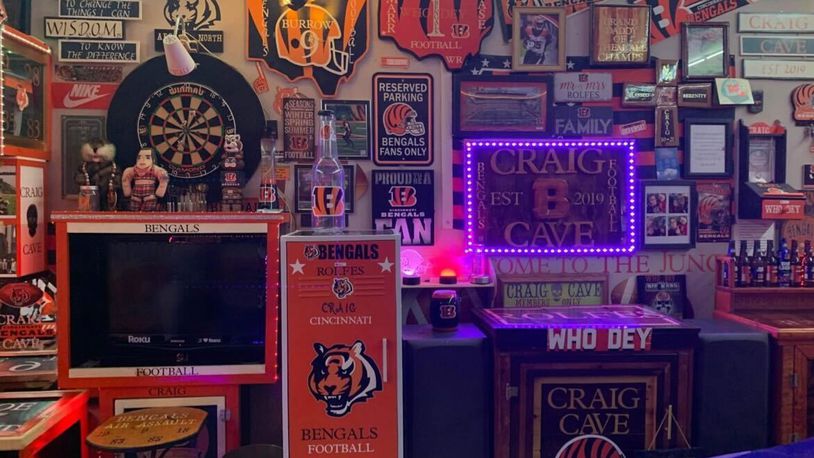Franklin resident Craig Rolfes started working on his Bengals garage project around 2019. The garage is complete with a “Joe Mixon clock” and a “Joe Burrow bar.” WCPO/CONTRIBUTED