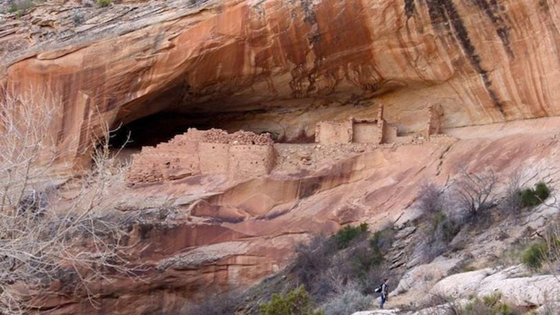 A hiker stands under a cliff dwelling in the Comb Ridge area of the new Bears Ears National Monument, in south Utah. President Barack Obama created the national monument before leaving office to protect Native American antiquities. Utah Republicans are lobbying the Trump administration to rescind the designation. (Stuart Leavenworth/McClatchy Washington Bureau/TNS)